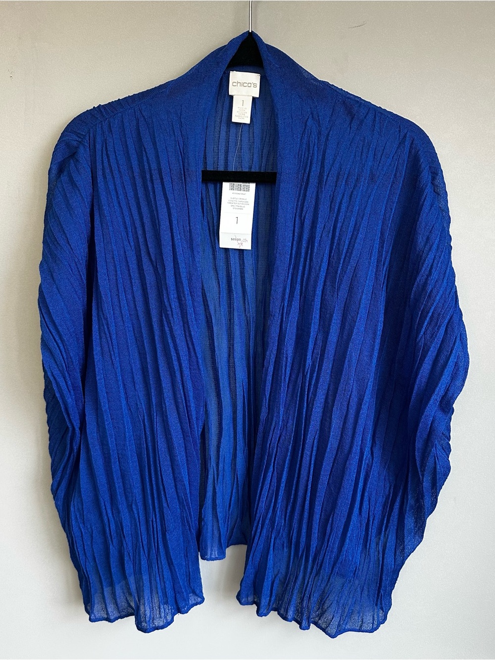 Chico’s NWT Royal Blue Crinkle Pleated Sleeveless Cardigan Size 1